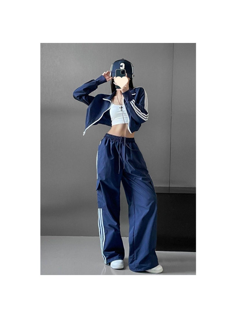 Generic Vintage Three-Bar Crowdsuit Pants Womens Spring and Autumn Summer plus size Wide-Leg Sports Pants Outdoor Hiking High Waist Trendy Royal Blue  - Image 3