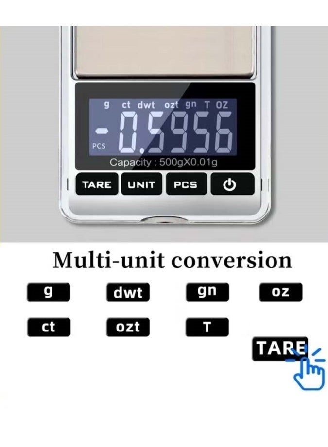 PULUZ 500g High Precision Mini Digital Pocket Jewelry Gold Scale, 0.01g/0.001oz Portable Electronic Weighing Gram Scale, Stainless Steel Platform Tare Auto Off - Image 5