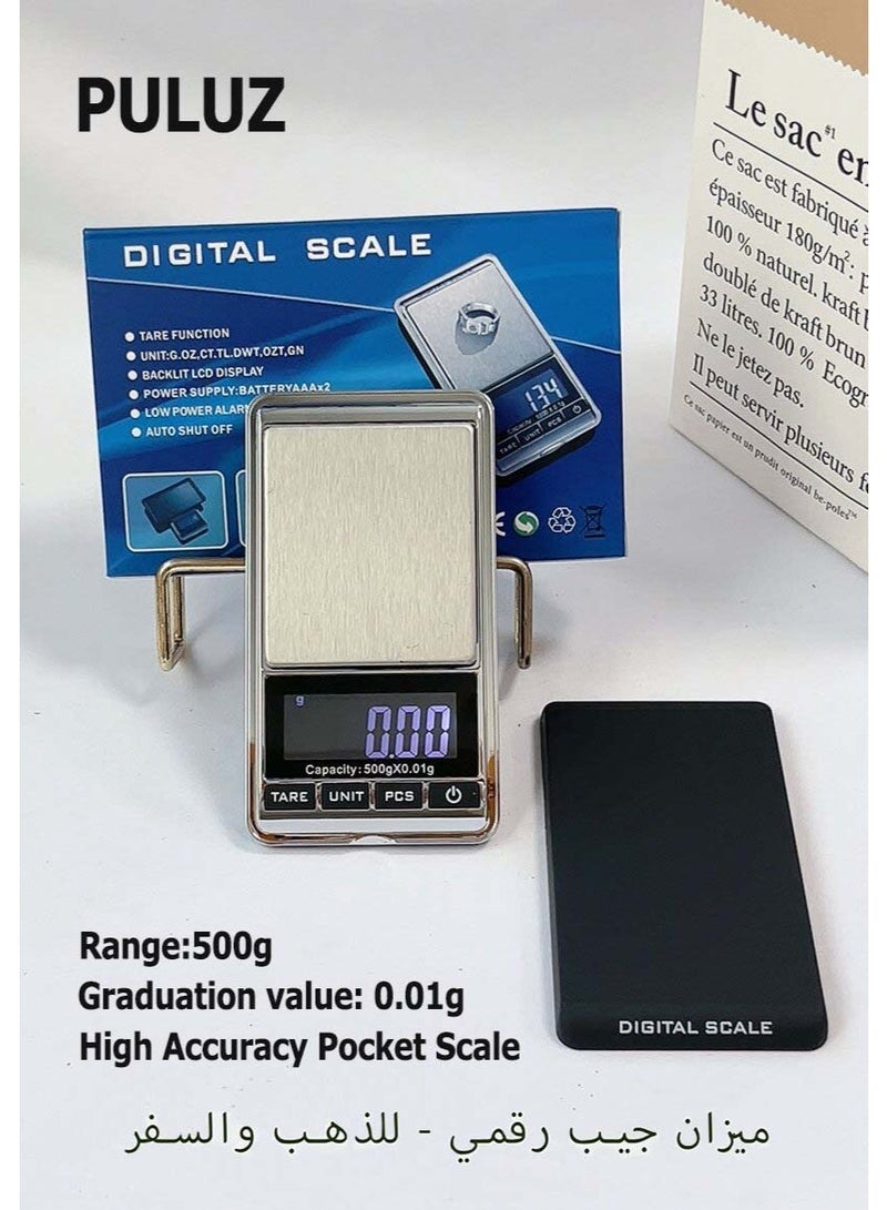 PULUZ 500g High Precision Mini Digital Pocket Jewelry Gold Scale, 0.01g/0.001oz Portable Electronic Weighing Gram Scale, Stainless Steel Platform Tare Auto Off - Image 1
