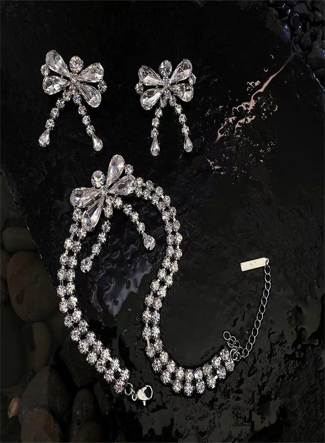 FUTIMELY Rhinestone Bow Butterfly Choker Necklace Bow Dangle Ear Studs Earrings Jewelry Set for Women,Sparkly Crystal ribbon Chain Necklace Fashion Jewelry Gift - Image 4