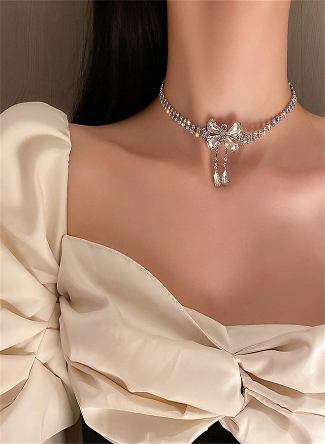 FUTIMELY Rhinestone Bow Butterfly Choker Necklace Bow Dangle Ear Studs Earrings Jewelry Set for Women,Sparkly Crystal ribbon Chain Necklace Fashion Jewelry Gift - Image 5