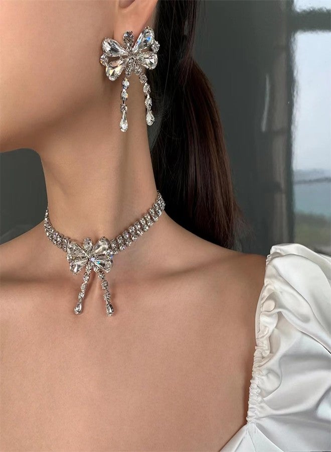 FUTIMELY Rhinestone Bow Butterfly Choker Necklace Bow Dangle Ear Studs Earrings Jewelry Set for Women,Sparkly Crystal ribbon Chain Necklace Fashion Jewelry Gift - Image 2