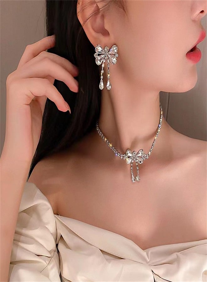 FUTIMELY Rhinestone Bow Butterfly Choker Necklace Bow Dangle Ear Studs Earrings Jewelry Set for Women,Sparkly Crystal ribbon Chain Necklace Fashion Jewelry Gift - Image 3
