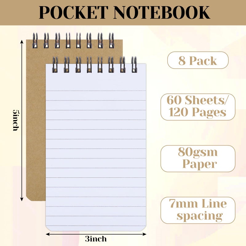 Thboxes 8 Pack Pocket Notebook, 3x5 Small Spiral Notebooks with 60 Sheets/120 Lined Pages Small Notebook Spiral Notepads Mini Note Pads Notebooks for School Office (Brown) - Image 2