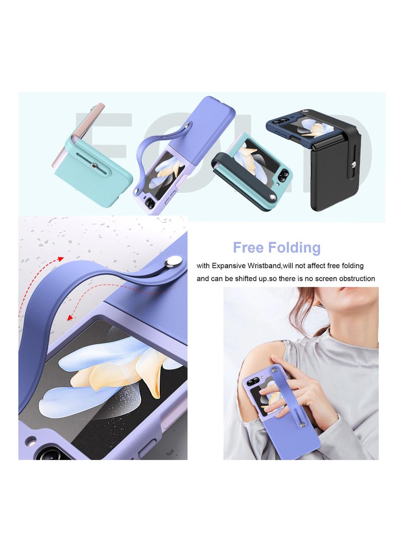 SYOSI Wrist Strap Case for Samsung Galaxy Z Flip 5, Cute PU Leather Case with Kickstand Luxury Hard PC Phone Case Fashionable Leather Case Case with Expansion Stand for Galaxy Z Flip 5 (Light Blue+Purple) - Image 2