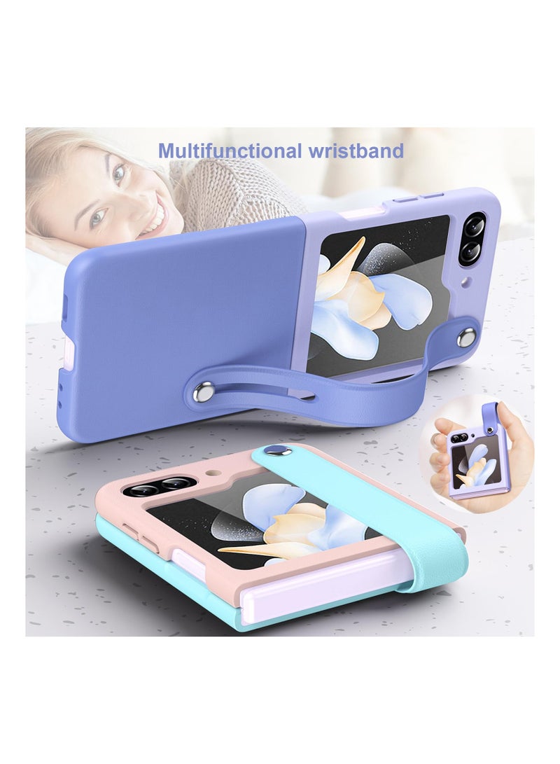 SYOSI Wrist Strap Case for Samsung Galaxy Z Flip 5, Cute PU Leather Case with Kickstand Luxury Hard PC Phone Case Fashionable Leather Case Case with Expansion Stand for Galaxy Z Flip 5 (Light Blue+Purple) - Image 4