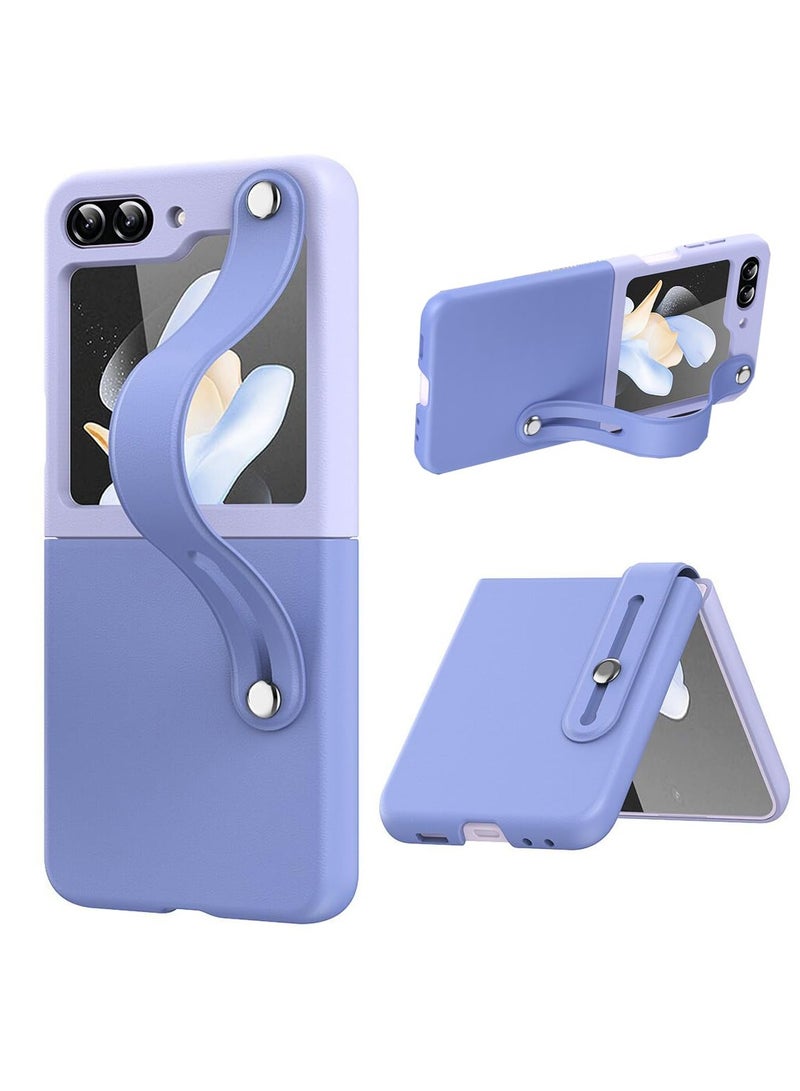 SYOSI Wrist Strap Case for Samsung Galaxy Z Flip 5, Cute PU Leather Case with Kickstand Luxury Hard PC Phone Case Fashionable Leather Case Case with Expansion Stand for Galaxy Z Flip 5 (Light Blue+Purple) - Image 1