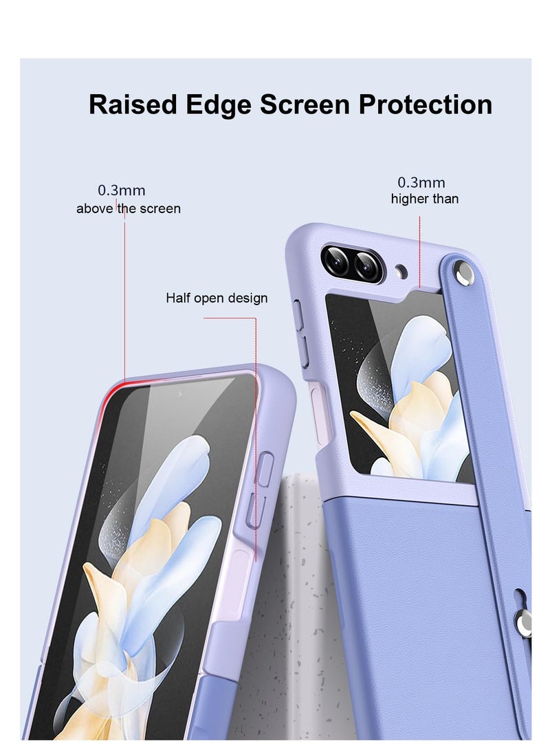 SYOSI Wrist Strap Case for Samsung Galaxy Z Flip 5, Cute PU Leather Case with Kickstand Luxury Hard PC Phone Case Fashionable Leather Case Case with Expansion Stand for Galaxy Z Flip 5 (Light Blue+Purple) - Image 3