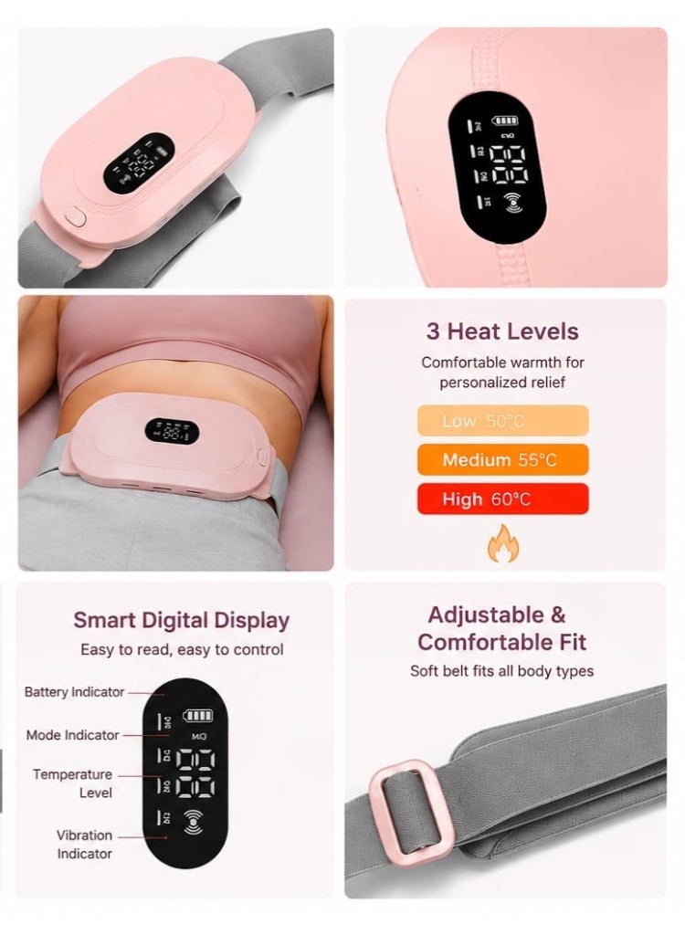 Cordless Rechargeable Menstrual Heating Pad for Period Pain Relief, Waist Belt with 3 Heat Levels and 4 Massage Modes, LED Display, Portable for Women - Image 2