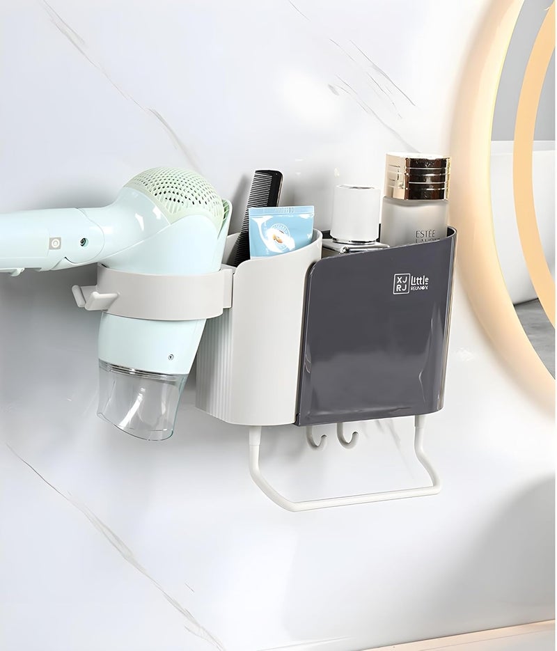 Jinila Wall Mounted Toothbrush Toothpest Holder with Hair Dryer Stand Towel Rack and Hanging Hook Bathroom Storage Organisation Pack of 1 Gray and Cream - Image 4