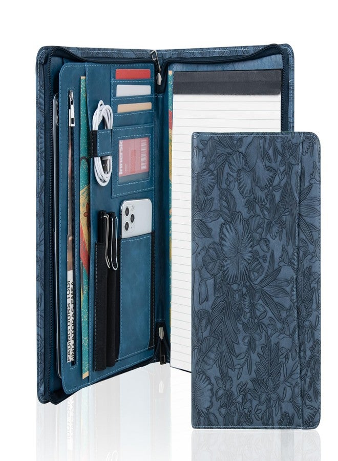 AZXCG Leather Padfolio Folio, Embossed PU Leather Portfolio with Zipper, Professional Business Document Organizer with A4/US Letter Writing Pad Holder, Gift for Woman/Men(Dark Blue) - Image 1