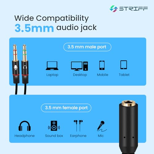 STRIFF TwinAudio 3.5mm Headphone Splitter for Computer 2 Male to 1 Female | Gold-Plated TRRS Audio Adapter | Supports Mic + Audio | Universal AUX Splitter for Mobile, Laptop, Tablet & PC - Black - Image 4