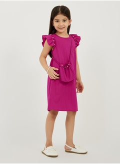 Styli Textured Knit Faux Pearl Detail Dress with Bag  - Image 2