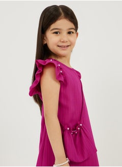 Styli Textured Knit Faux Pearl Detail Dress with Bag  - Image 3