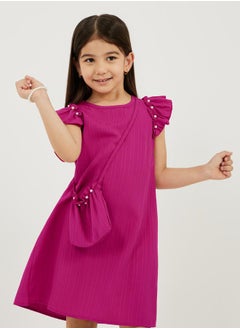 Styli Textured Knit Faux Pearl Detail Dress with Bag  - Image 1