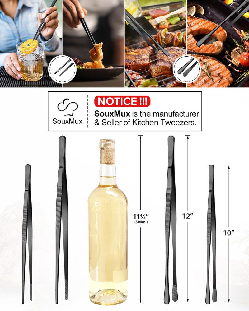 SouxMux 2 Pcs 10-inch Cooking Tweezers Tongs Precision Serrated Tips, Stainless Steel Professional Chef Tweezer Kitchen Tools for BBQ, Plating and Serving (Black) - Image 3