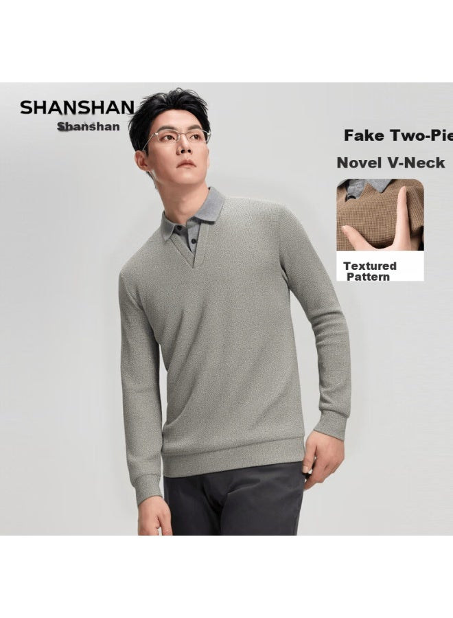 Shanshanshanshan Men's Long Sleeve T-shirt Autumn Business Casual Two-in-one Shirt Collar Base Layer Comfortable Textured Inner Wear - Image 1