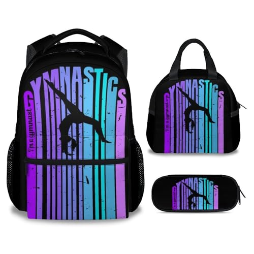 NICEFORNICE Kids Backpack with Lunch Box Set of 3 Gymnastic School Backpacks Matching Combo for Girls Aesthetic Black Bookbag and Pencil Case Bundle - Image 1