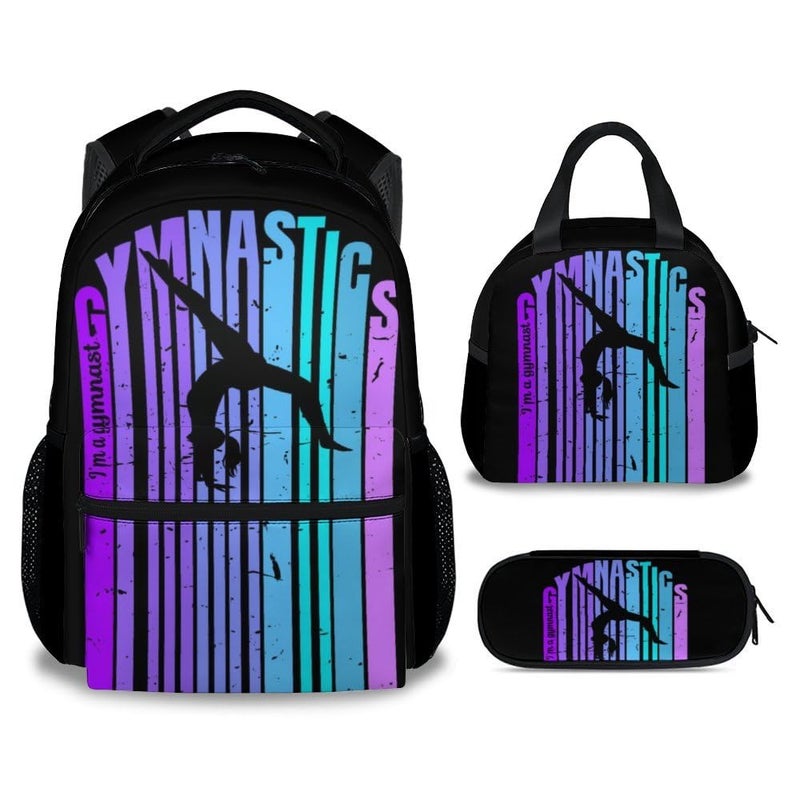 NICEFORNICE Kids Backpack with Lunch Box Set of 3 Gymnastic School Backpacks Matching Combo for Girls Aesthetic Black Bookbag and Pencil Case Bundle - Image 2