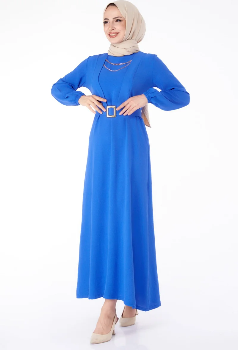 Tofisa Plain Crew Neck Women's Blue Hijab Dress - 25380