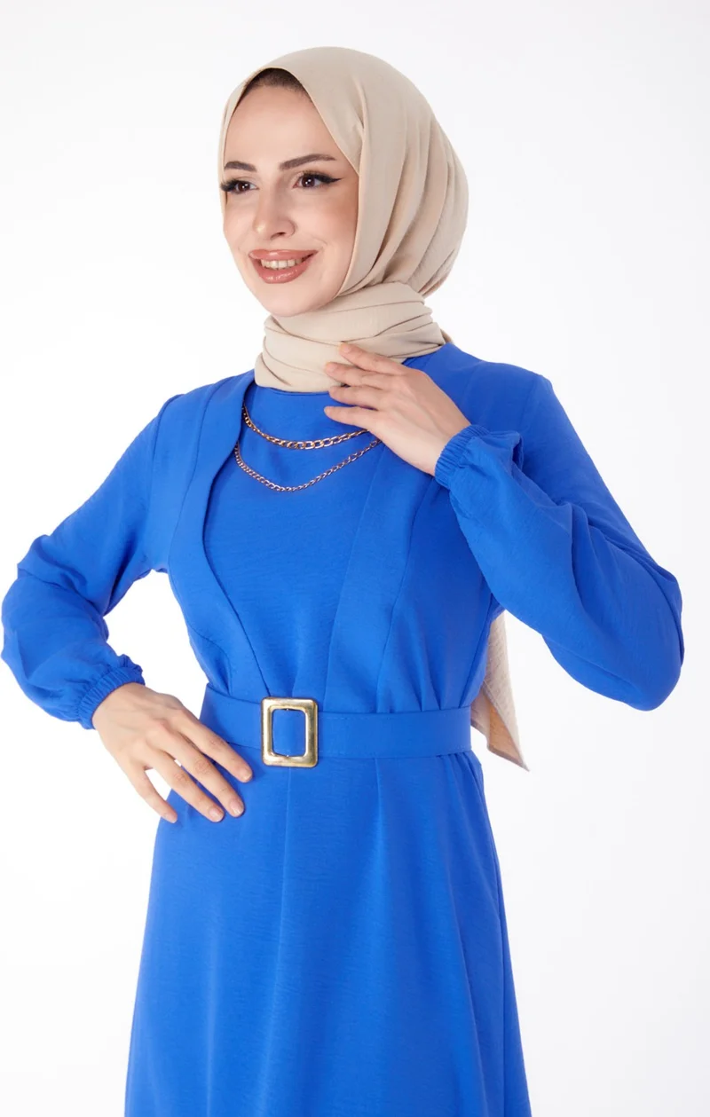 Tofisa Plain Crew Neck Women's Blue Hijab Dress - 25380
