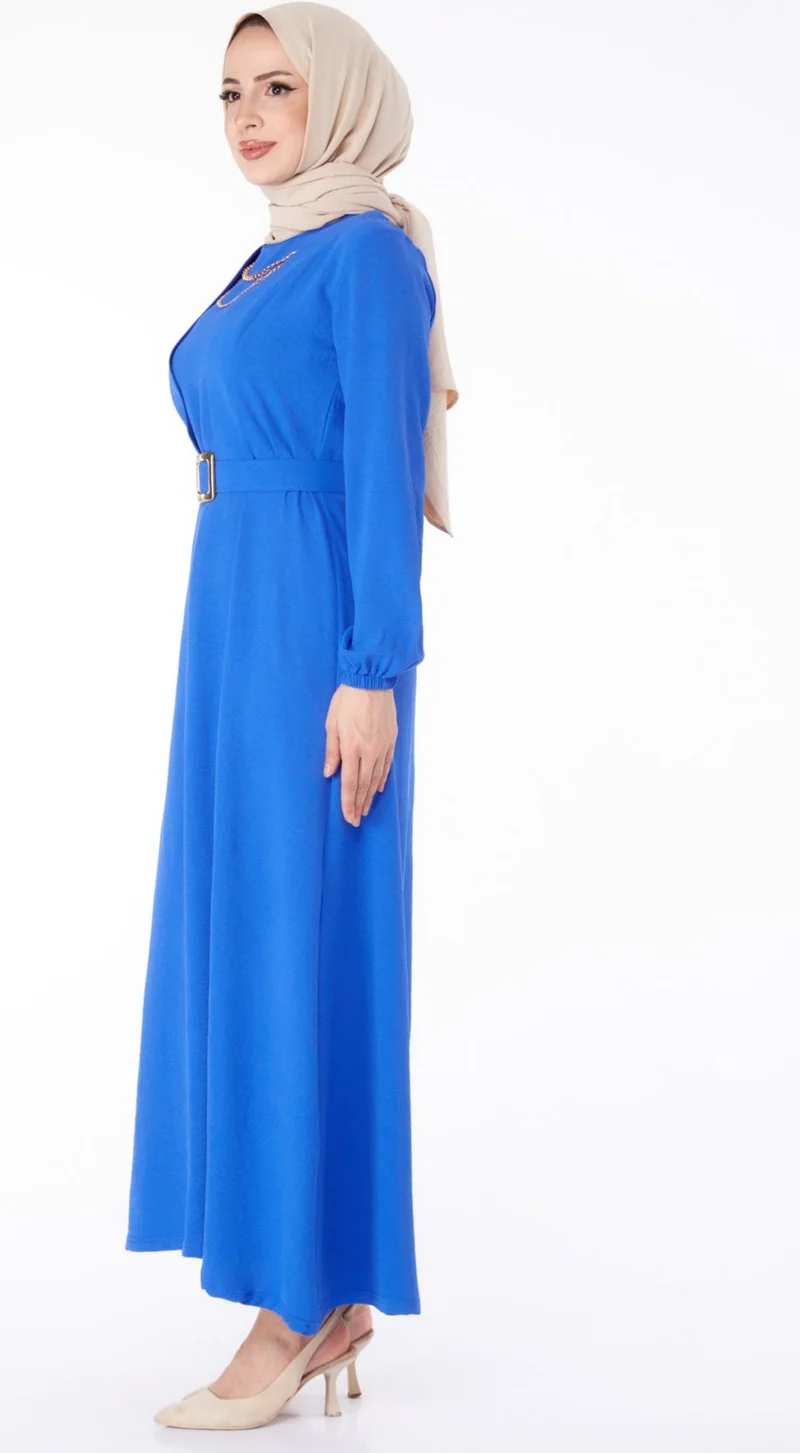 Tofisa Plain Crew Neck Women's Blue Hijab Dress - 25380