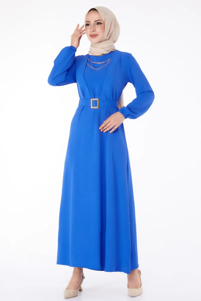 Tofisa Plain Crew Neck Women's Blue Hijab Dress - 25380