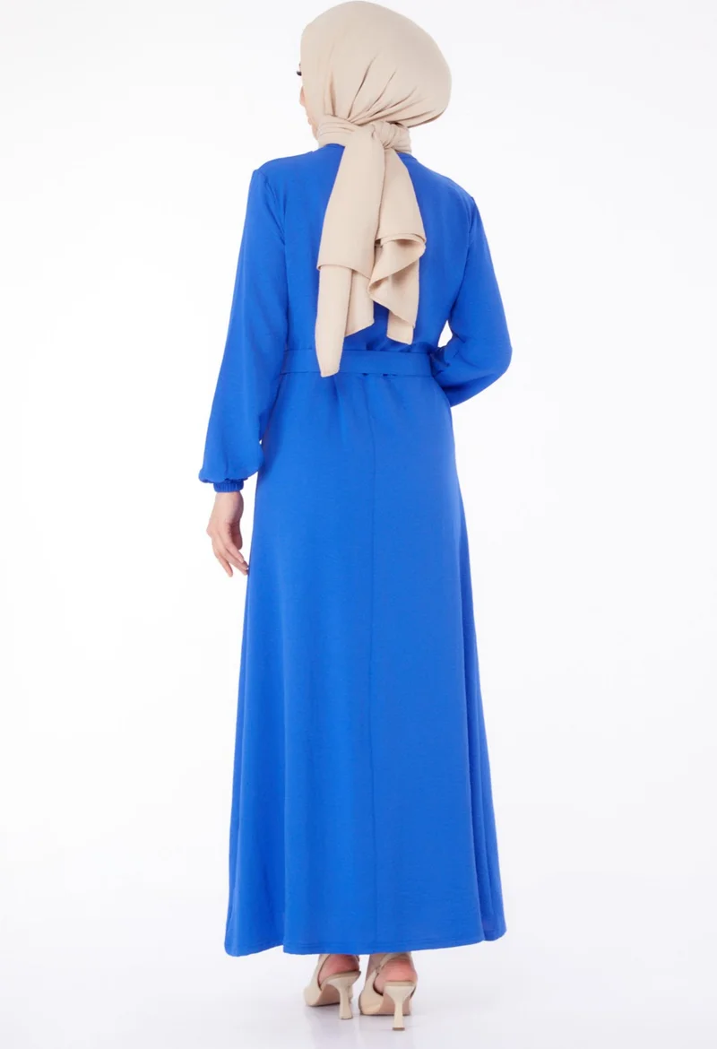 Tofisa Plain Crew Neck Women's Blue Hijab Dress - 25380