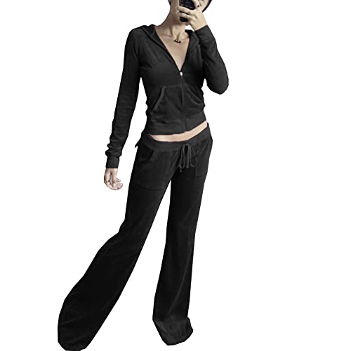 HBER Women's 2 Piece Velour Tracksuit Set Solid Color Long Sleeve Zipper Cropped Jacket and Sweatpants Y2K Sweatsuit Set - Image 1