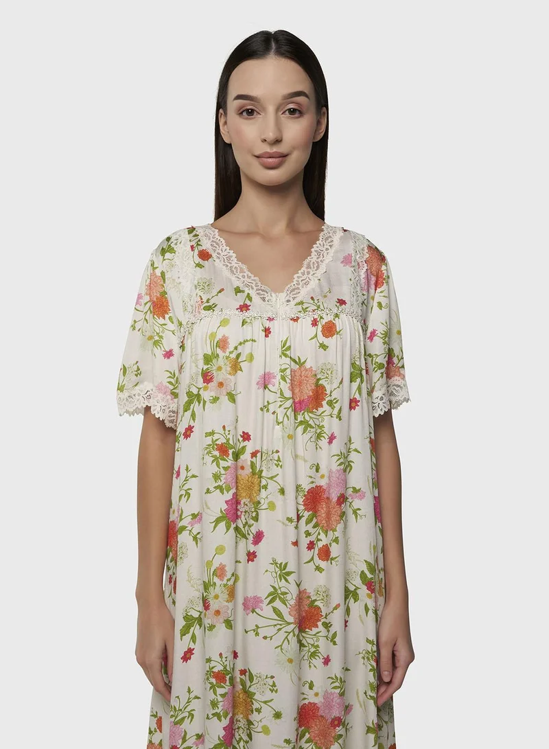 كشخة Gardenia Floral Print Viscose Mini Nightwear Dress (CNH472)