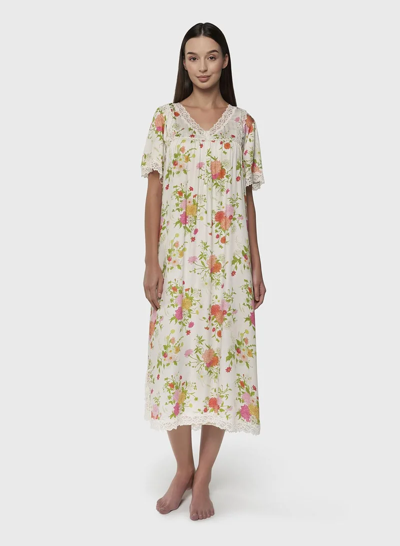 كشخة Gardenia Floral Print Viscose Mini Nightwear Dress (CNH472)