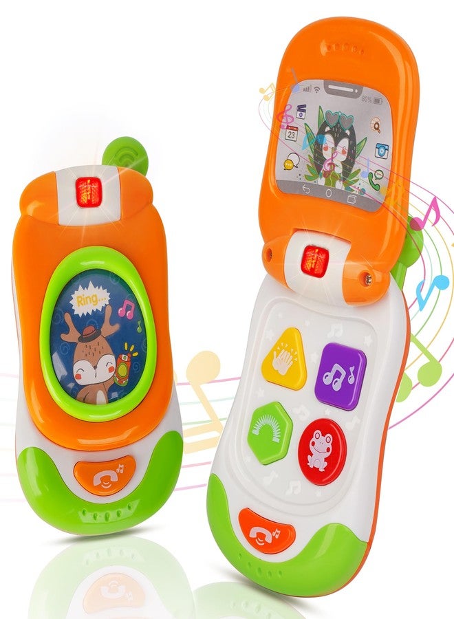 Caterbee Baby Cell Phone Toy with musicial and Light, Flip Phone Educational Toddler Toys (Orange) - Image 1