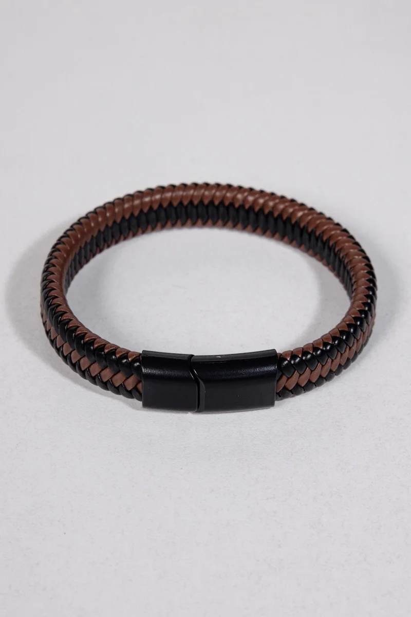 Tudors Wicker Patterned Leather Brown-Black Men's Bracelet