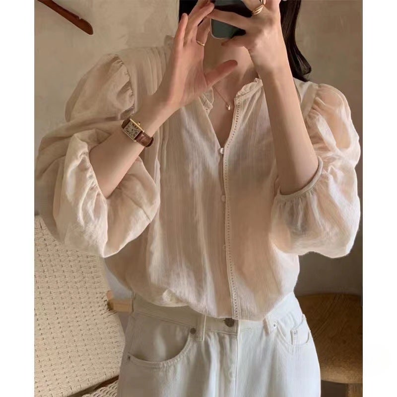 2024 Commuting Cute Lace Collar Short Solid Color Shirt French Puff Sleeve Age Reduction Casual Shirt - Image 5