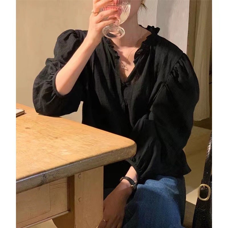 2024 Commuting Cute Lace Collar Short Solid Color Shirt French Puff Sleeve Age Reduction Casual Shirt - Image 3