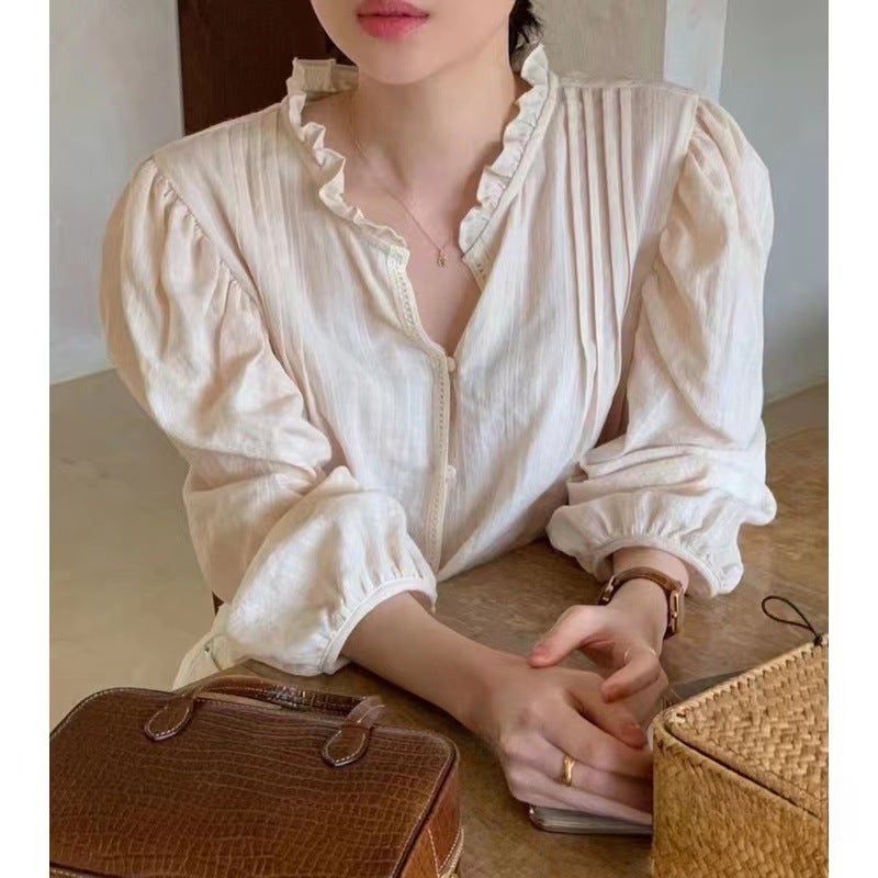 2024 Commuting Cute Lace Collar Short Solid Color Shirt French Puff Sleeve Age Reduction Casual Shirt - Image 4