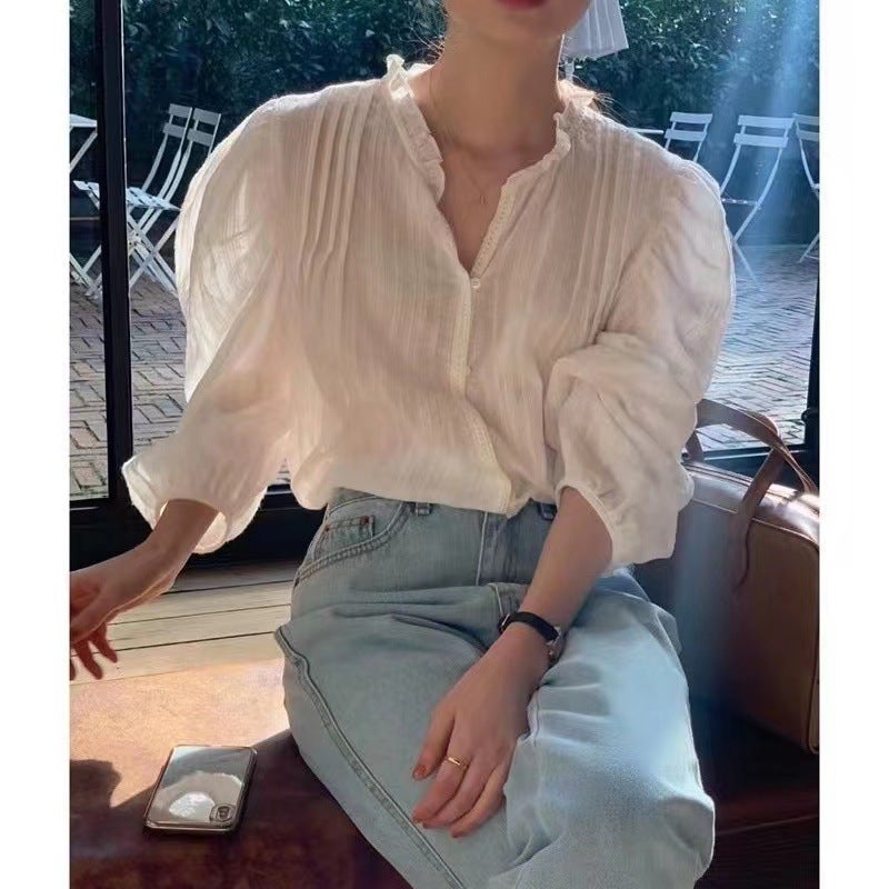 2024 Commuting Cute Lace Collar Short Solid Color Shirt French Puff Sleeve Age Reduction Casual Shirt - Image 2