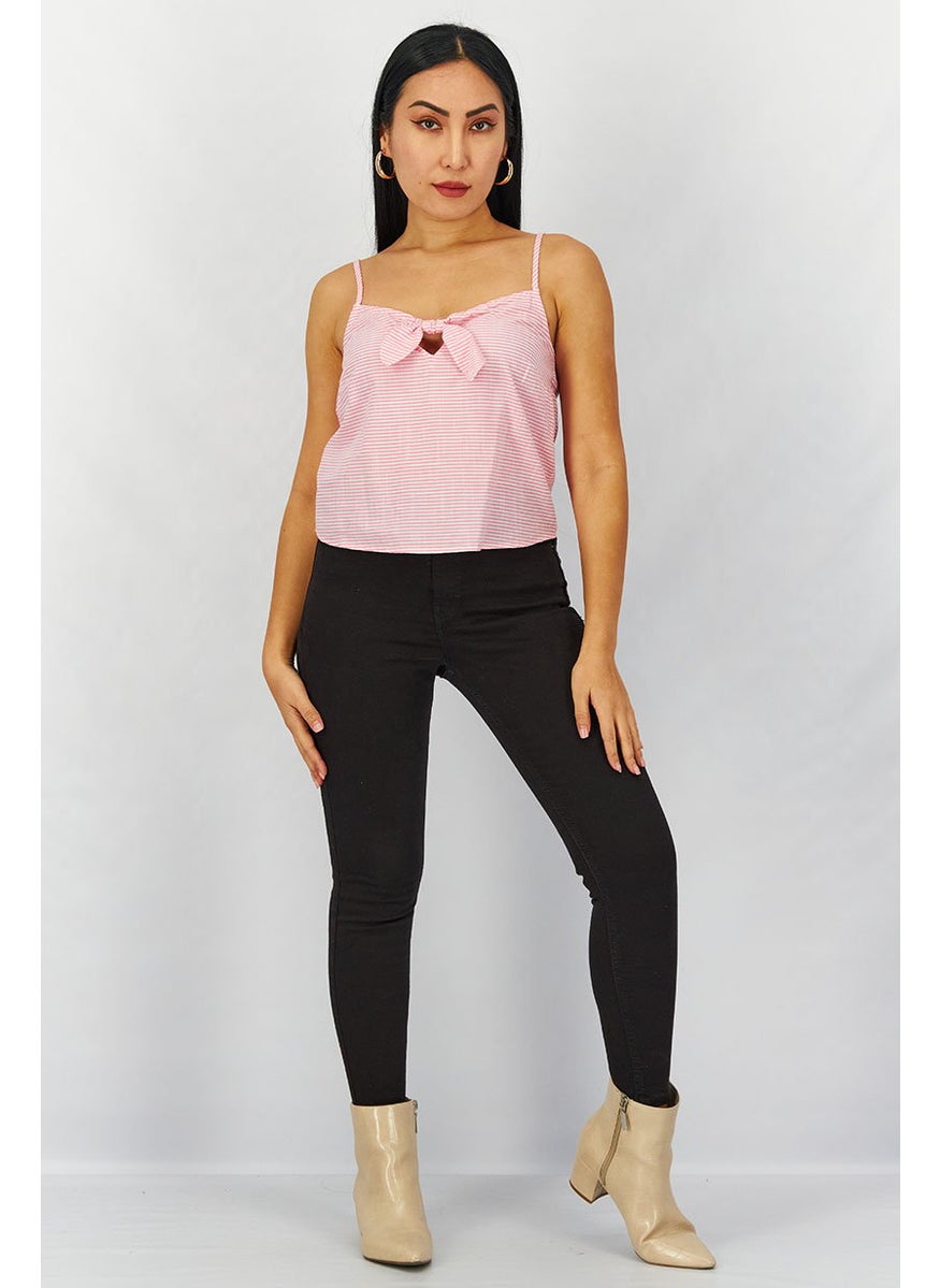 Lefties Women Keyhole Sleeveless Stripe Top, Pink and White  - Image 4