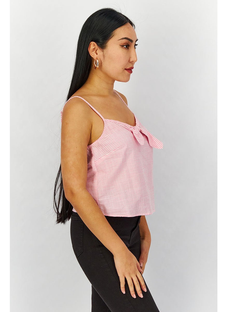 Lefties Women Keyhole Sleeveless Stripe Top, Pink and White  - Image 2