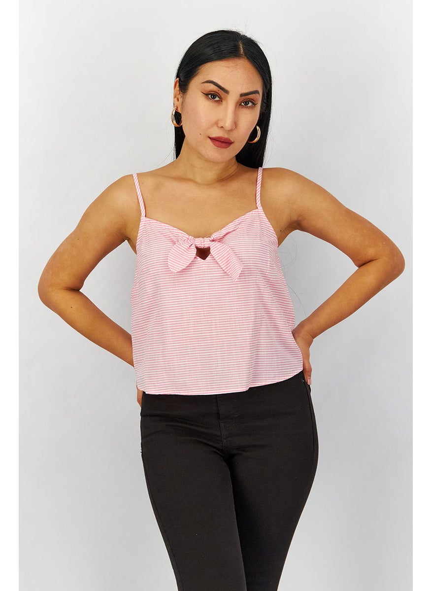 Lefties Women Keyhole Sleeveless Stripe Top, Pink and White  - Image 1