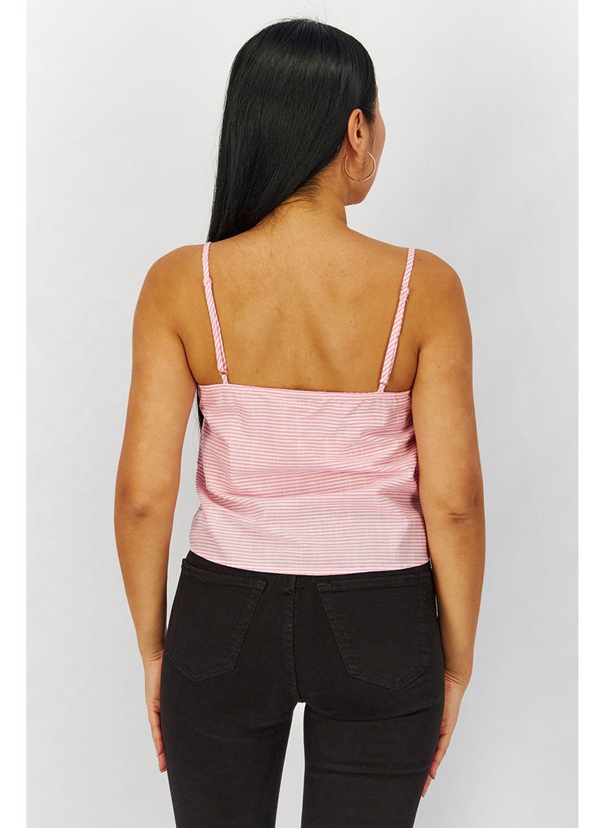 Lefties Women Keyhole Sleeveless Stripe Top, Pink and White  - Image 3