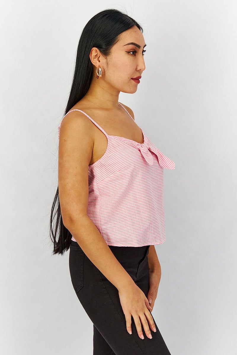 Lefties Women Keyhole Sleeveless Stripe Top, Pink and White - Image 2