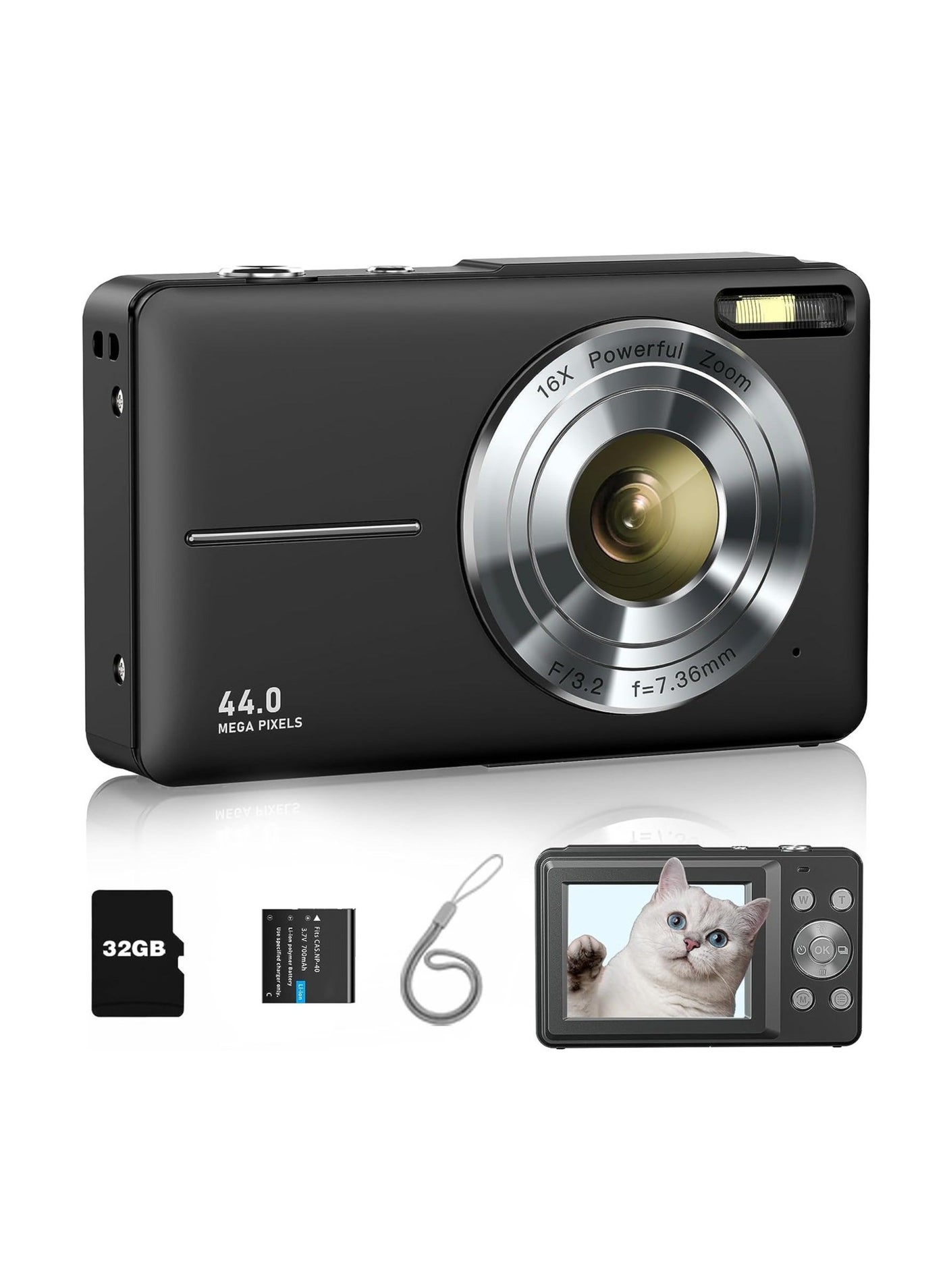 Digital Camera for Kids, FHD 1080P 44MP Point and Shoot Camera with 32GB SD Card, 16X Zoom, Compact Digital Camera with Lanyard, Gift for Boys and Girls – Black