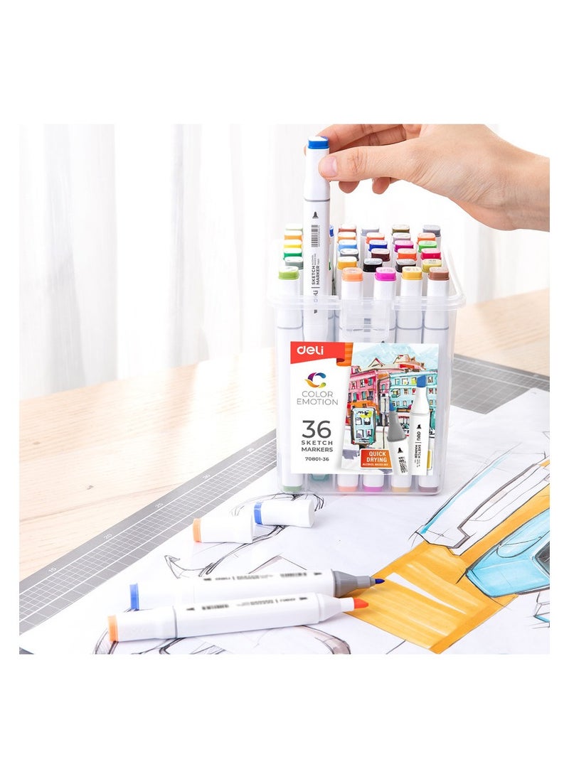 Deli Deli E70801-36 COLOR EMOTION 36-Color Artist Markers - Dual Tip Art Markers, Square Barrel - Ideal for Adult Coloring, Sketching & Graphic Design (36PCS/PP Box)  - Image 2
