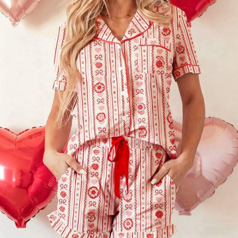 KevaMolly Womens Lounge Sets Floral Bow Printed Pocketed Knotted PJ Set Short Sleeve Xmas Top and Shorts Pink Bow Heart M - Image 2
