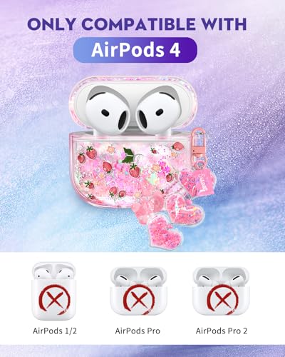 Joyleop for Airpods 4 Case - Cute Girly Quicksand Liquid for Women Girl Pretty Aesthetic Shiny Bling Stylish Strawberry Design Protective Case for Airpods 4th Generation 2024 Cover with Keychian - Image 2