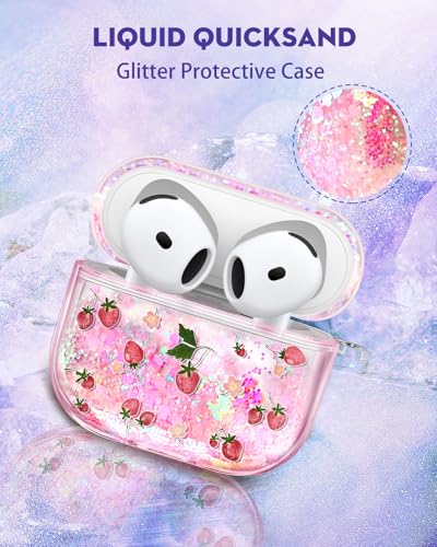Joyleop for Airpods 4 Case - Cute Girly Quicksand Liquid for Women Girl Pretty Aesthetic Shiny Bling Stylish Strawberry Design Protective Case for Airpods 4th Generation 2024 Cover with Keychian - Image 3