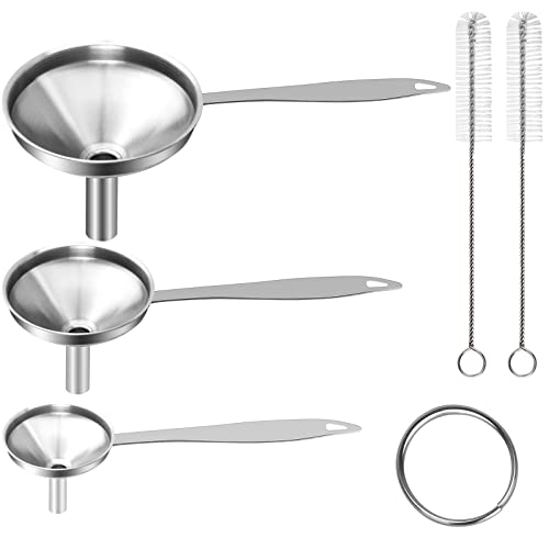 YLYL Large Small Funnel Set of 3, Food Grade Mini Funnels for Kitchen Use Filling Bottles Liquor Flask Tiny Spice Cooking Powder, 6Pcs Metal Stainless Steel Funnel (Long Handle), 2Pcs Cleaning Brushes YLYL - Image 1