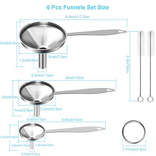 YLYL Large Small Funnel Set of 3, Food Grade Mini Funnels for Kitchen Use Filling Bottles Liquor Flask Tiny Spice Cooking Powder, 6Pcs Metal Stainless Steel Funnel (Long Handle), 2Pcs Cleaning Brushes YLYL - Image 2