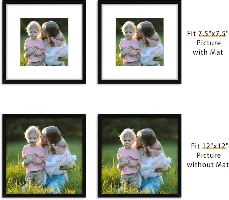 Picrit 12x12 Picture Frame Set of 12, Display 8x8 with Mat or 12 x 12 without Mat, Photo Frames for Wall Mounting Display, Black - Image 2
